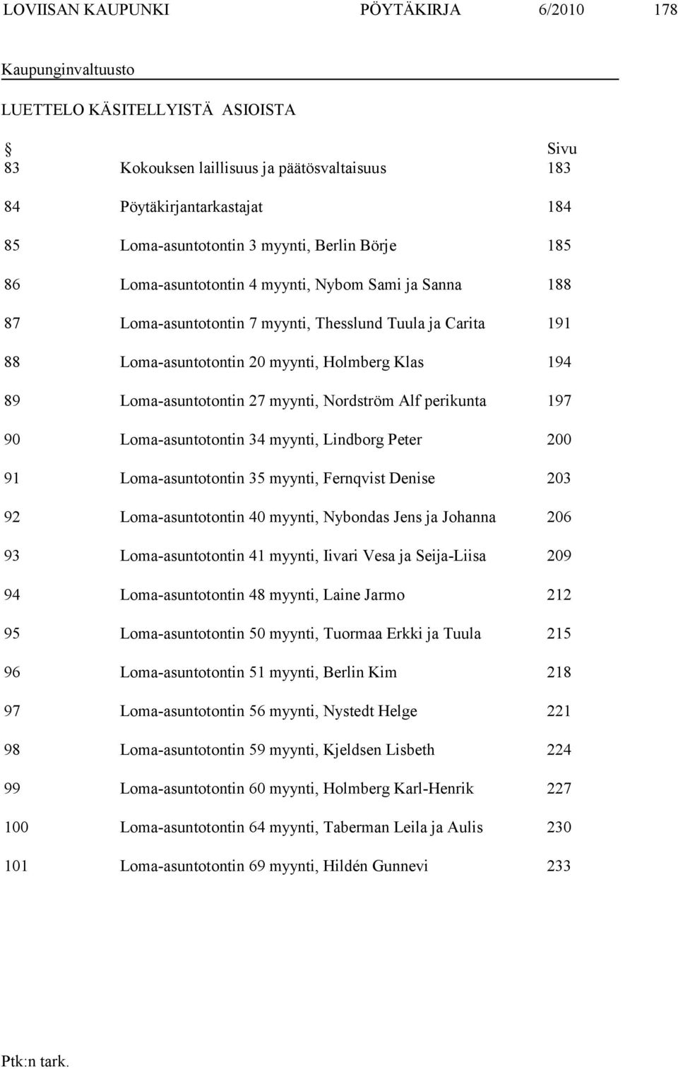 Loma-asuntotontin 27 myynti, Nordström Alf perikunta 197 90 Loma-asuntotontin 34 myynti, Lindborg Peter 200 91 Loma-asuntotontin 35 myynti, Fernqvist Denise 203 92 Loma-asuntotontin 40 myynti,