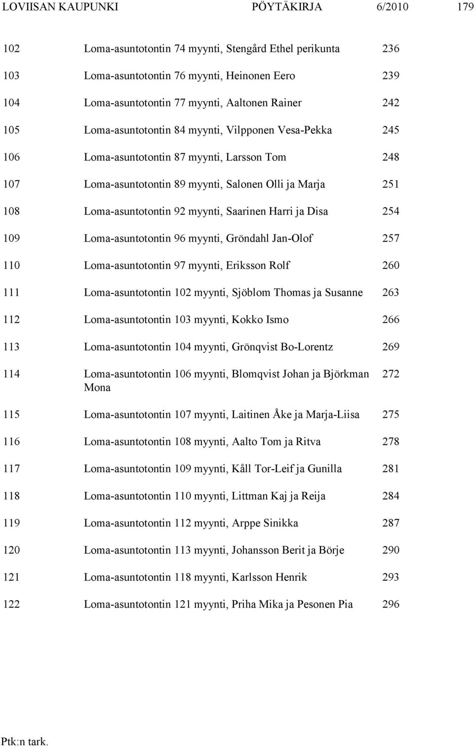 92 myynti, Saarinen Harri ja Disa 254 109 Loma-asuntotontin 96 myynti, Gröndahl Jan-Olof 257 110 Loma-asuntotontin 97 myynti, Eriksson Rolf 260 111 Loma-asuntotontin 102 myynti, Sjöblom Thomas ja