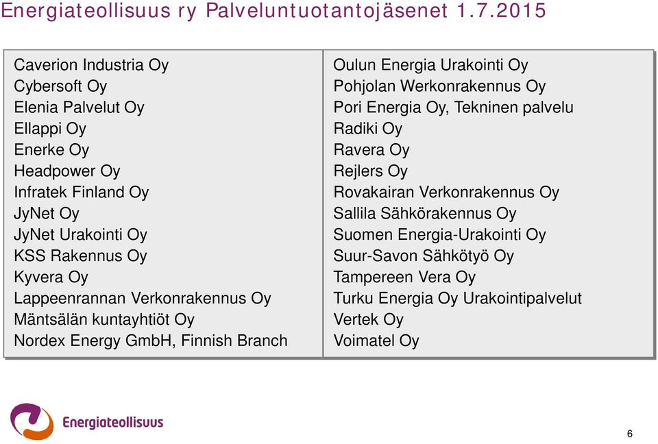 Rakennus Oy Kyvera Oy Lappeenrannan Verkonrakennus Oy Mäntsälän kuntayhtiöt Oy Nordex Energy GmbH, Finnish Branch Oulun Energia Urakointi Oy Pohjolan