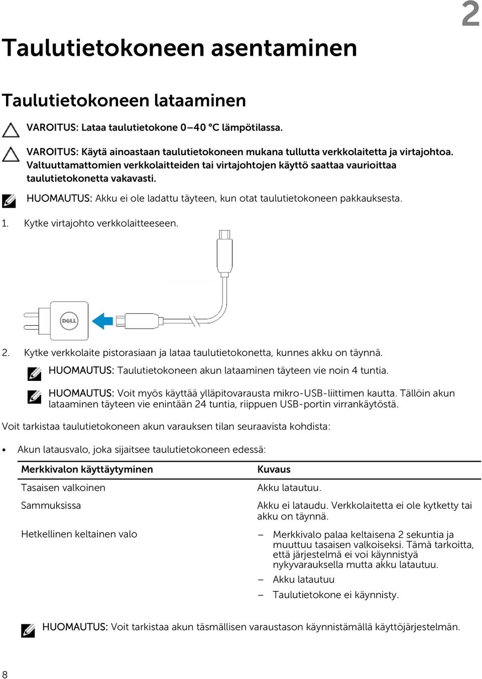 HUOMAUTUS: Akku ei ole ladattu täyteen, kun otat taulutietokoneen pakkauksesta. 1. Kytke virtajohto verkkolaitteeseen. 2.