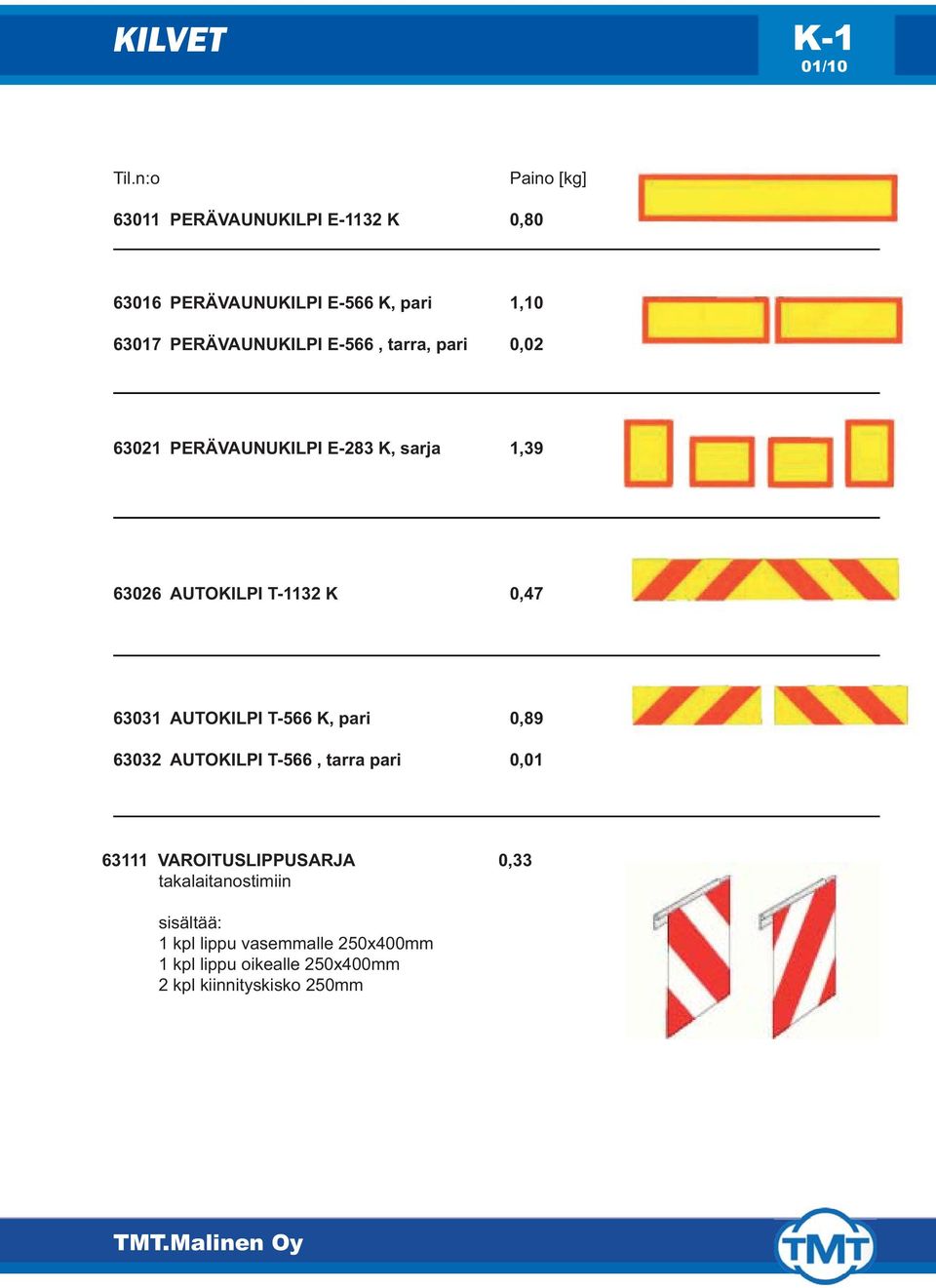 0,47 63031 AUTOKILPI T-566 K, pari 0,89 63032 AUTOKILPI T-566, tarra pari 0,01 63111 VAROITUSLIPPUSARJA