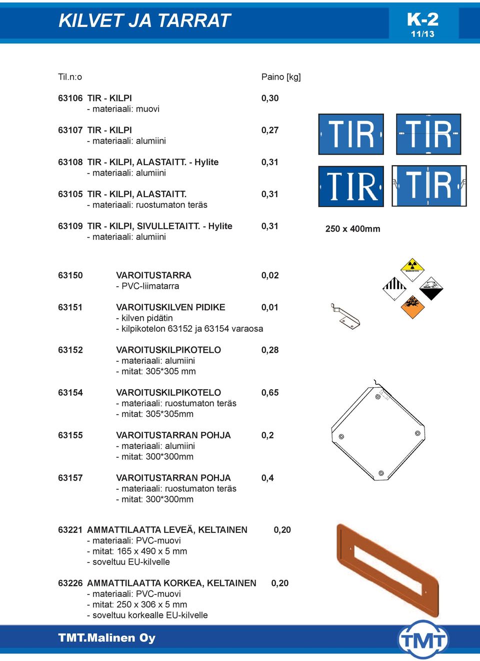 - Hylite 0,31 - materiaali: alumiini 250 x 400mm 63150 VAROITUSTARRA 0,02 - PVC-liimatarra 63151 VAROITUSKILVEN PIDIKE 0,01 - kilven pidätin - kilpikotelon 63152 ja 63154 varaosa 63152