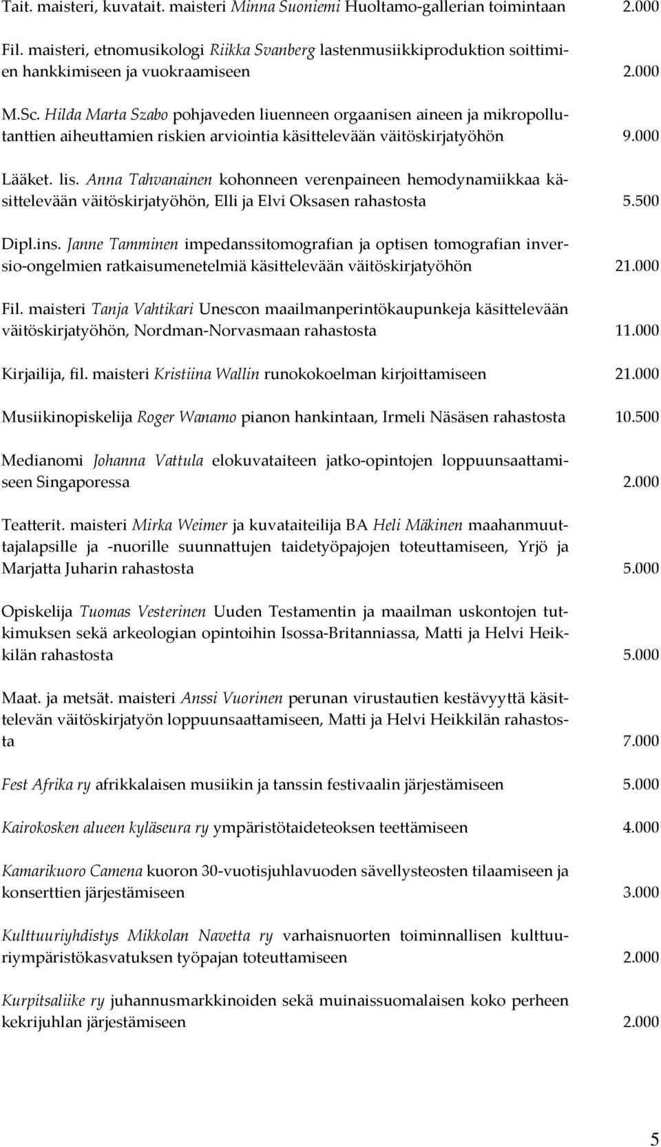 Anna Tahvanainen kohonneen verenpaineen hemodynamiikkaa käsittelevään väitöskirjatyöhön, Elli ja Elvi Oksasen rahastosta 5.500 Dipl.ins.