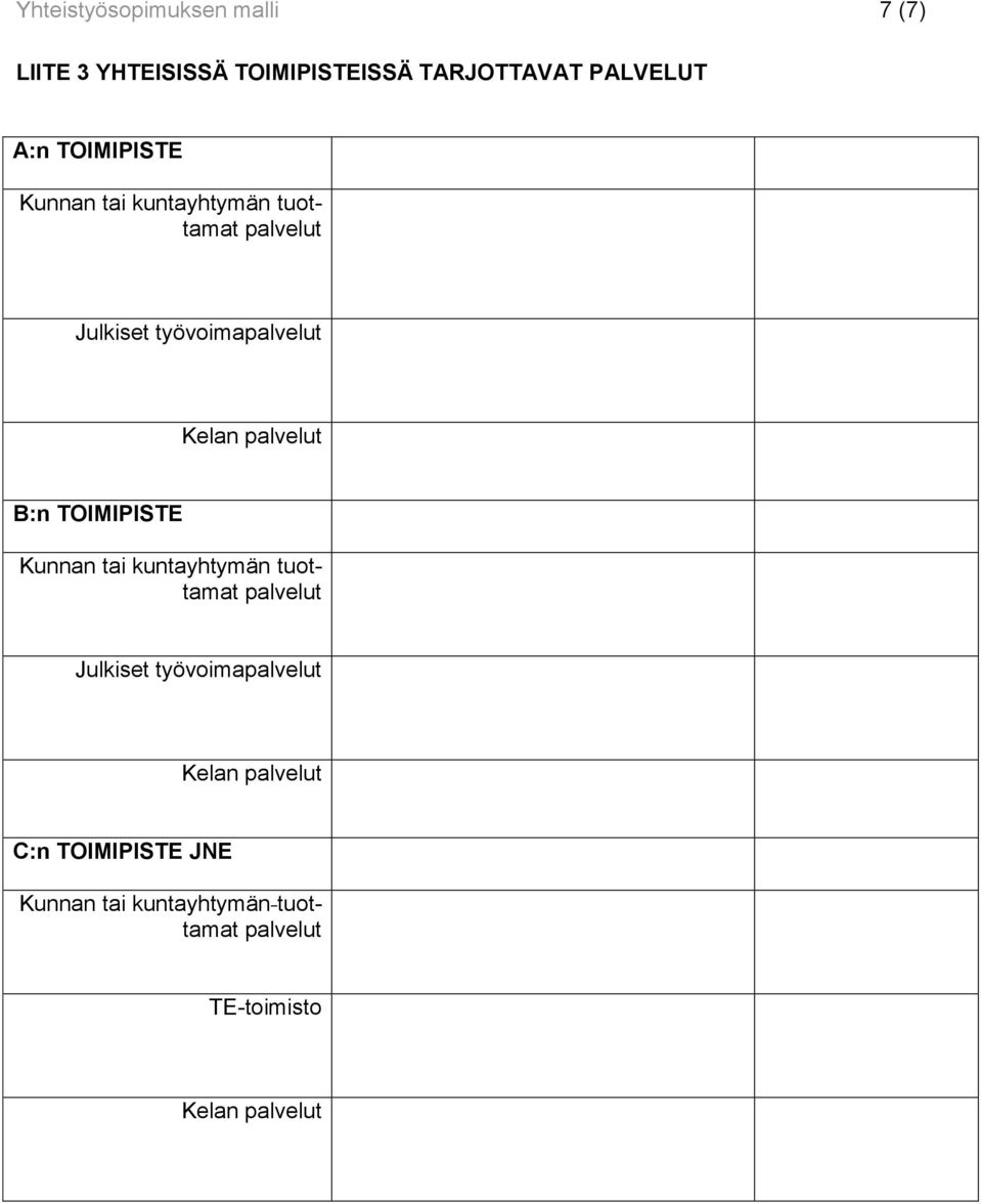 palvelut B:n  palvelut C:n TOIMIPISTE JNE Kunnan tai kuntayhtymän tuottamat palvelut