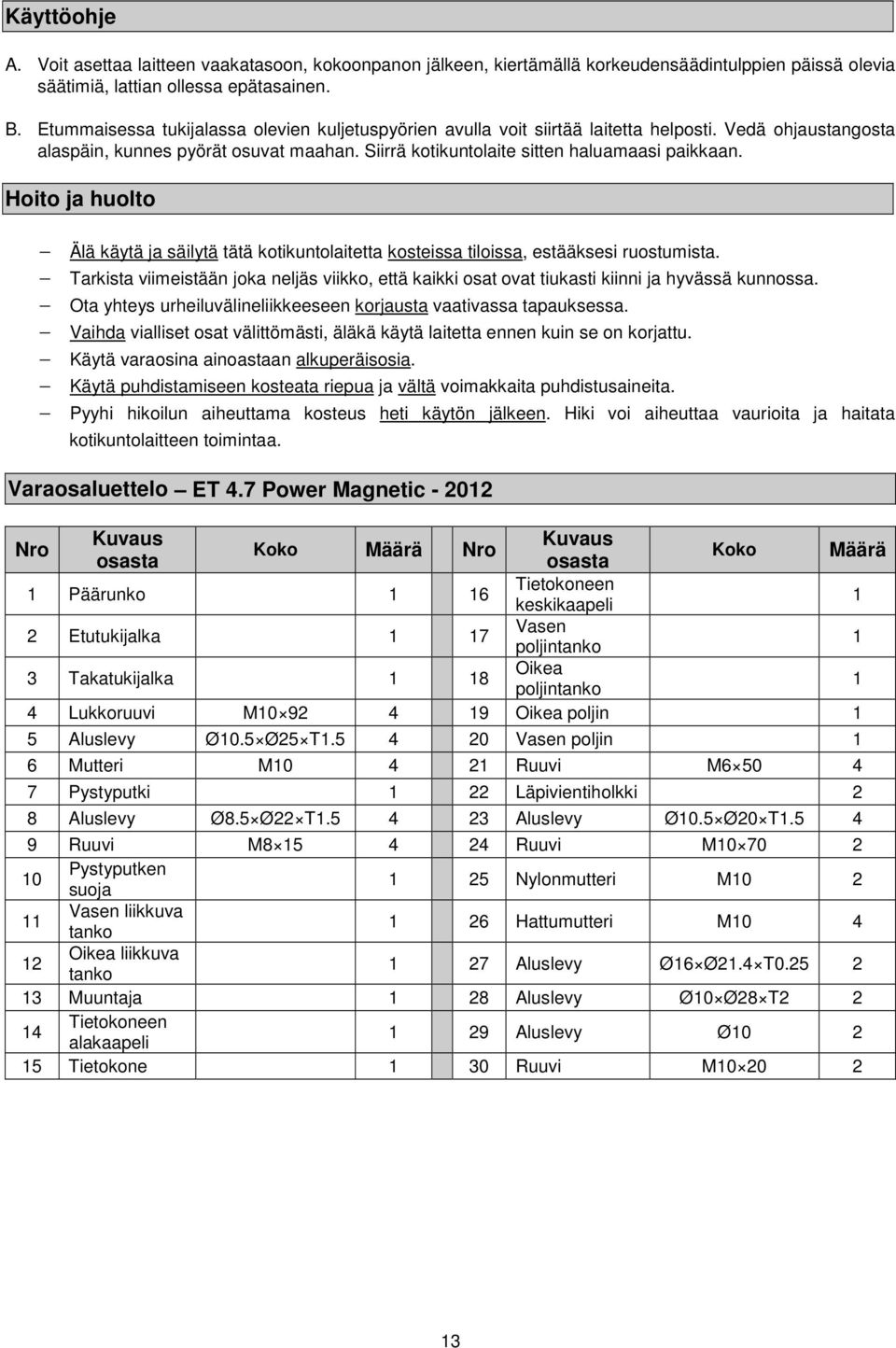Hoito ja huolto Älä käytä ja säilytä tätä kotikuntolaitetta kosteissa tiloissa, estääksesi ruostumista.