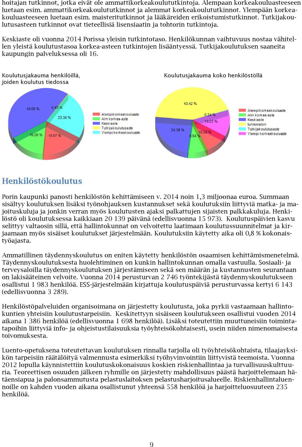 Keskiaste oli vuonna 2014 Porissa yleisin tutkintotaso. Henkilökunnan vaihtuvuus nostaa vähitellen yleistä koulutustasoa korkea-asteen tutkintojen lisääntyessä.