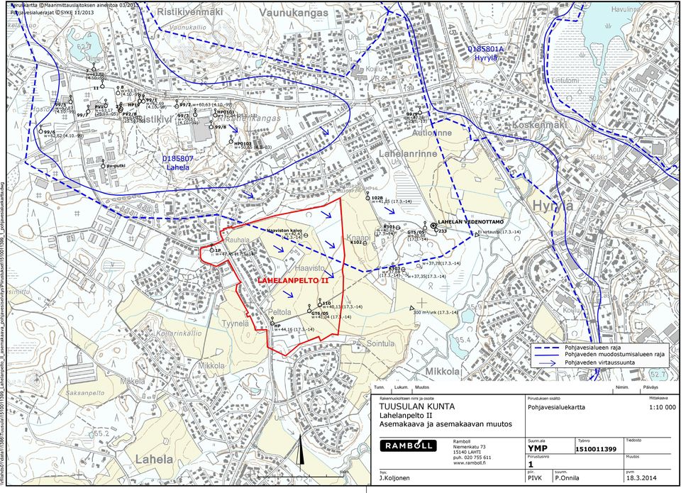 dwg pv-putki 0185807 Lahela 0105P2 0105P1 TMP16 102B w+41,15 (17.3.-14) K101 w+40,62 (17.3.-14) Haaviston kaivo w+42,43 (17.3.-14) K102 LAHELAN VEDENOTTAMO GT5/05 w+38,88 (17.3.-14) 233 Ei virtausta(17.