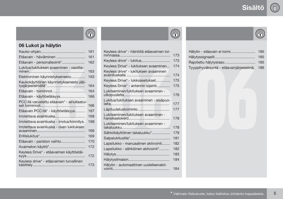 .. 166 Etäavain PCC:llä* - käyttöetäisyys... 167 Irrotettava avainliuska... 168 Irrotettava avainliuska - irrotus/kiinnitys. 168 Irrotettava avainliuska - oven lukituksen avaaminen.