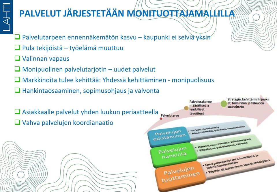 palvelut Markkinoita tulee kehittää: Yhdessä kehittäminen - monipuolisuus Hankintaosaaminen,