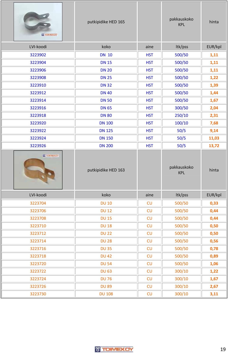 200 HST 50/5 13, 72 putkipidike HE D 163 pakka uskoko 3223704 DU 10 CU 500/50 0,33 3223706 DU 12 CU 500/50 0,44 3223708 DU 15 CU 500/50 0,44 3223710 DU 18 CU 500/50 0,50 3223712 DU 22 CU 500/50 0,50