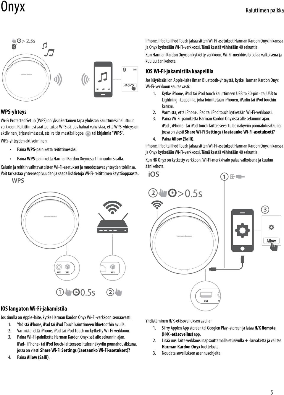 Paina WPS-painiketta Harman Kardon Onyxissa 1 minuutin sisällä. Kaiutin ja reititin vaihtavat sitten Wi-Fi-asetukset ja muodostavat yhteyden toisiinsa.