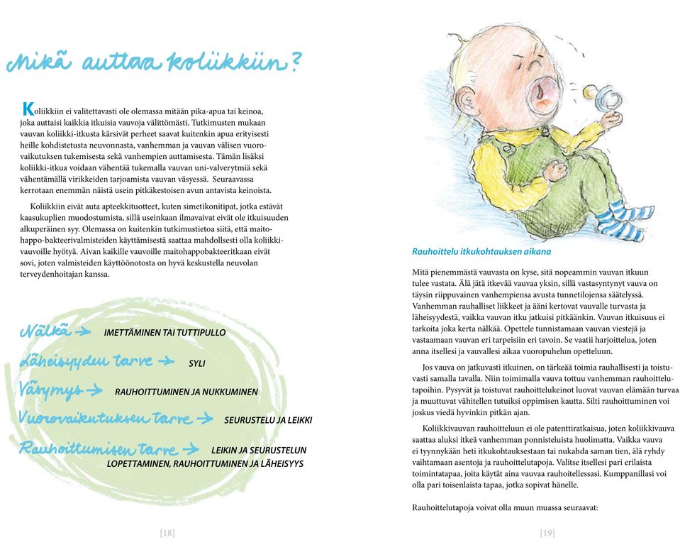 vanhempien auttamisesta. Tämän lisäksi koliikki-itkua voidaan vähentää tukemalla vauvan uni-valverytmiä sekä vähentämällä virikkeiden tarjoamista vauvan väsyessä.