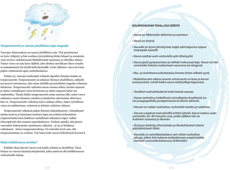 Toinen vauva on taas kuin räjähde, joka aloittaa raivokkaan itkun ennaltaarvaamattomasti tai tietyllä kellonlyömällä. Usein tällainen vauva tarvitsee paljon vanhemman apua rauhoittuakseen.