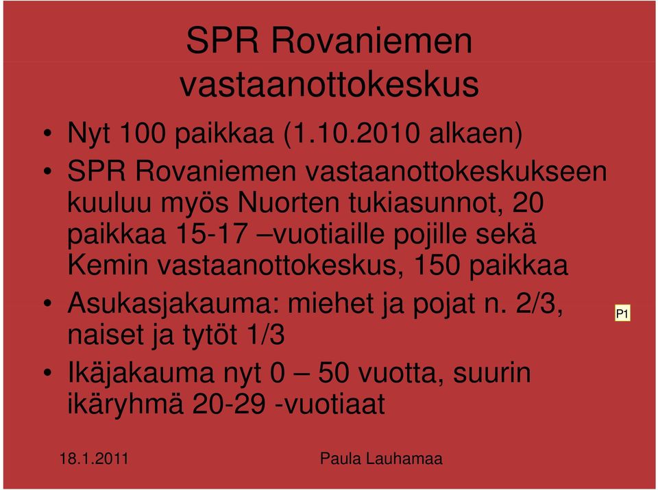 201010 alkaen) SPR Rovaniemen vastaanottokeskukseen kuuluu myös Nuorten tukiasunnot, 20