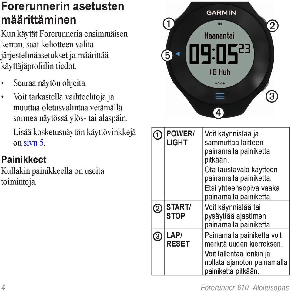 Painikkeet Kullakin painikkeella on useita toimintoja. ➊ ➎ ➊ POWER/ LIGHT ➋ START/ STOP ➌ LAP/ RESET ➍ ➋ ➌ Voit käynnistää ja sammuttaa laitteen painamalla painiketta pitkään.