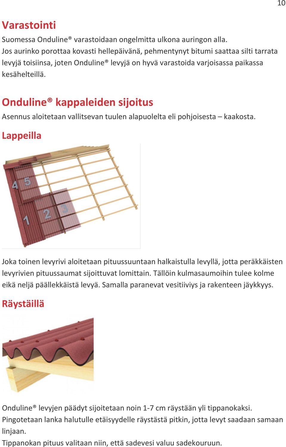 Onduline kappaleiden sijoitus Asennus aloitetaan vallitsevan tuulen alapuolelta eli pohjoisesta kaakosta.