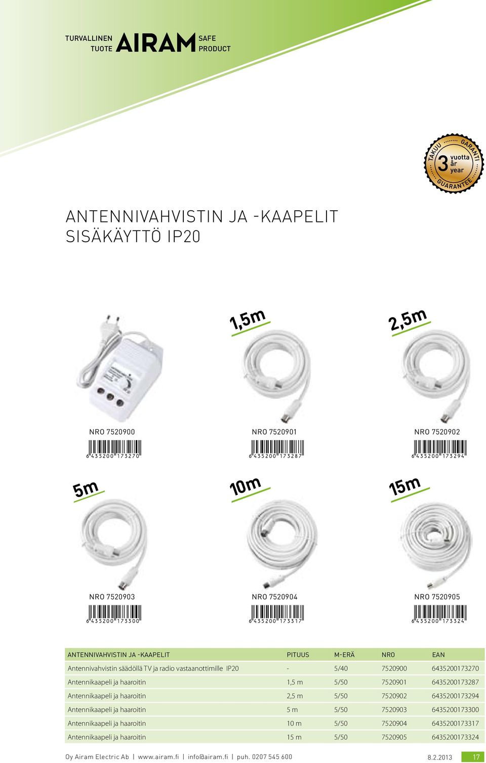 vastaanottimille IP20-5/40 7520900 6435200173270 Antennikaapeli ja haaroitin 1,5 m 5/50 7520901 6435200173287 Antennikaapeli ja haaroitin 2,5 m 5/50 7520902