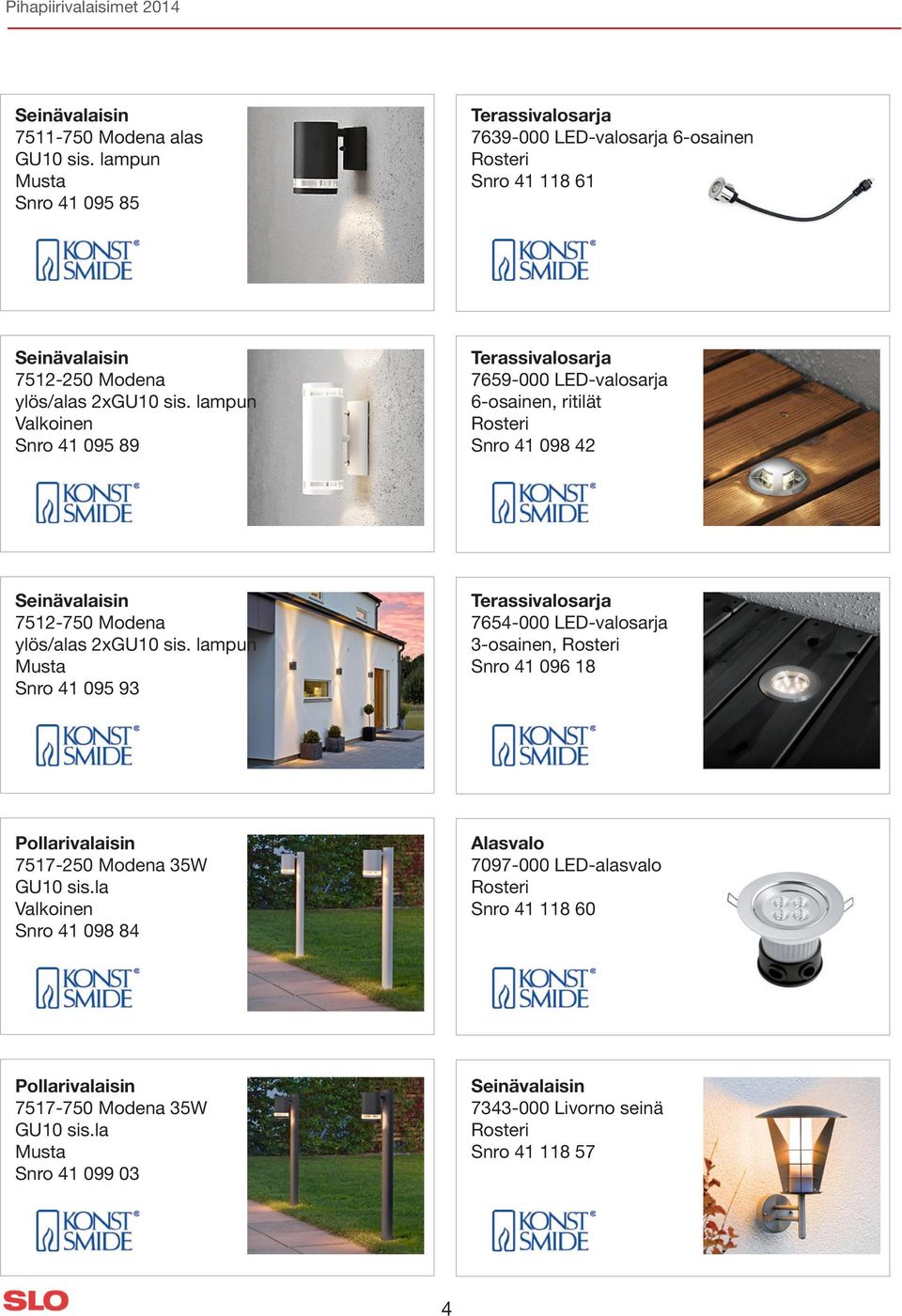 lampun Snro 41 095 89 Terassivalosarja 7659-000 LED-valosarja 6-osainen, ritilät Snro 41 098 42 7512-750 Modena ylös/alas 2xGU10 sis.