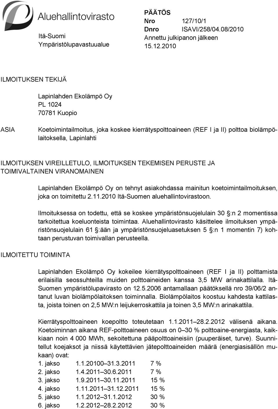 2010 ILMOITUKSEN TEKIJÄ Lapinlahden Ekolämpö Oy PL 1024 70781 Kuopio ASIA Koetoimintailmoitus, joka koskee kierrätyspolttoaineen (REF I ja II) polttoa biolämpölaitoksella, Lapinlahti ILMOITUKSEN