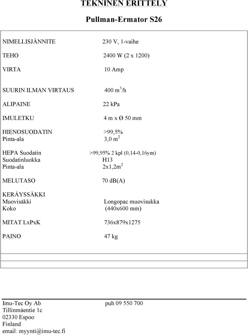 Pinta-ala 3,0 m 2 HEPA Suodatin >99,95% 2 kpl (0,14-0,16ym) Suodatinluokka H13 Pinta-ala 2x1,2m 2