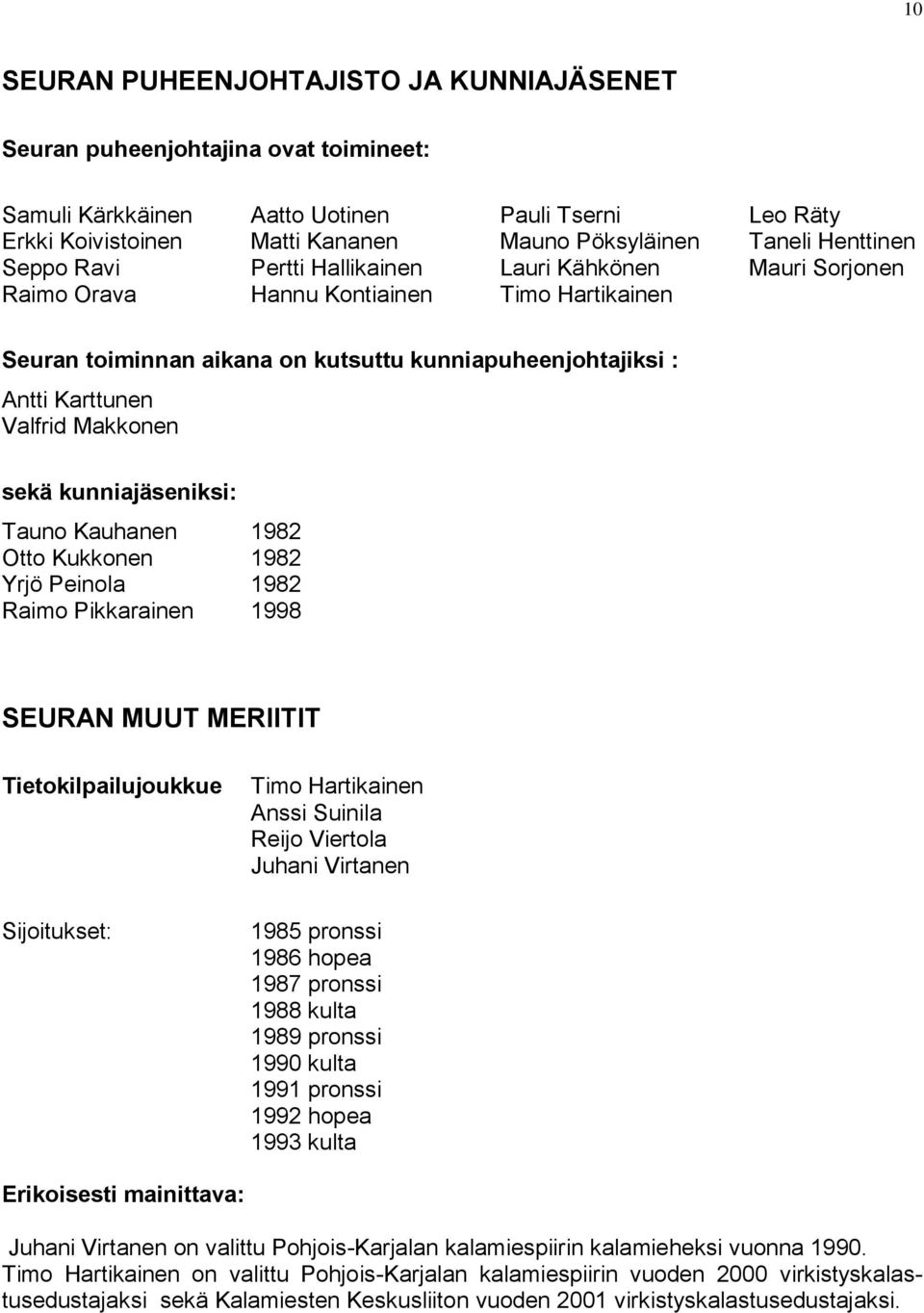 Valfrid Makkonen sekä kunniajäseniksi: Tauno Kauhanen 1982 Otto Kukkonen 1982 Yrjö Peinola 1982 Raimo Pikkarainen 1998 SEURAN MUUT MERIITIT Tietokilpailujoukkue Sijoitukset: Timo Hartikainen Anssi