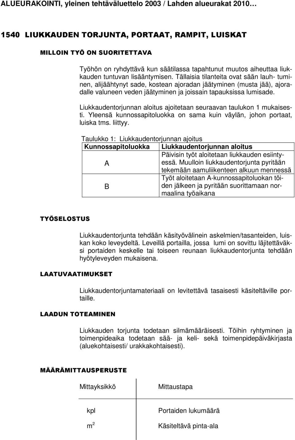 Liukkaudentorjunnan aloitus ajoitetaan seuraavan taulukon 1 mukaisesti. Yleensä kunnossapitoluokka on sama kuin väylän, johon portaat, luiska tms. liittyy.