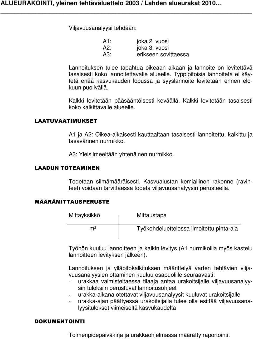 Kalkki levitetään tasaisesti koko kalkittavalle alueelle. A1 ja A2: Oikea-aikaisesti kauttaaltaan tasaisesti lannoitettu, kalkittu ja tasavärinen nurmikko. A3: Yleisilmeeltään yhtenäinen nurmikko.