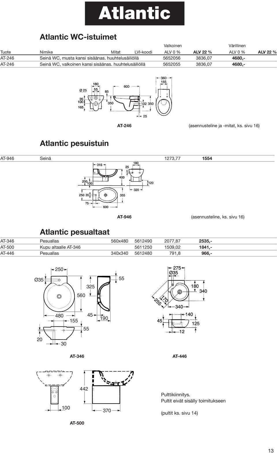 sivu 16) Atlantic pesualtaat AT-346 Pesuallas 560x480 5612490 77,87 25,- AT-500 Kupu altaalle AT-346 5611250 1509,02 1841,- AT-446 Pesuallas 340x340 5612480