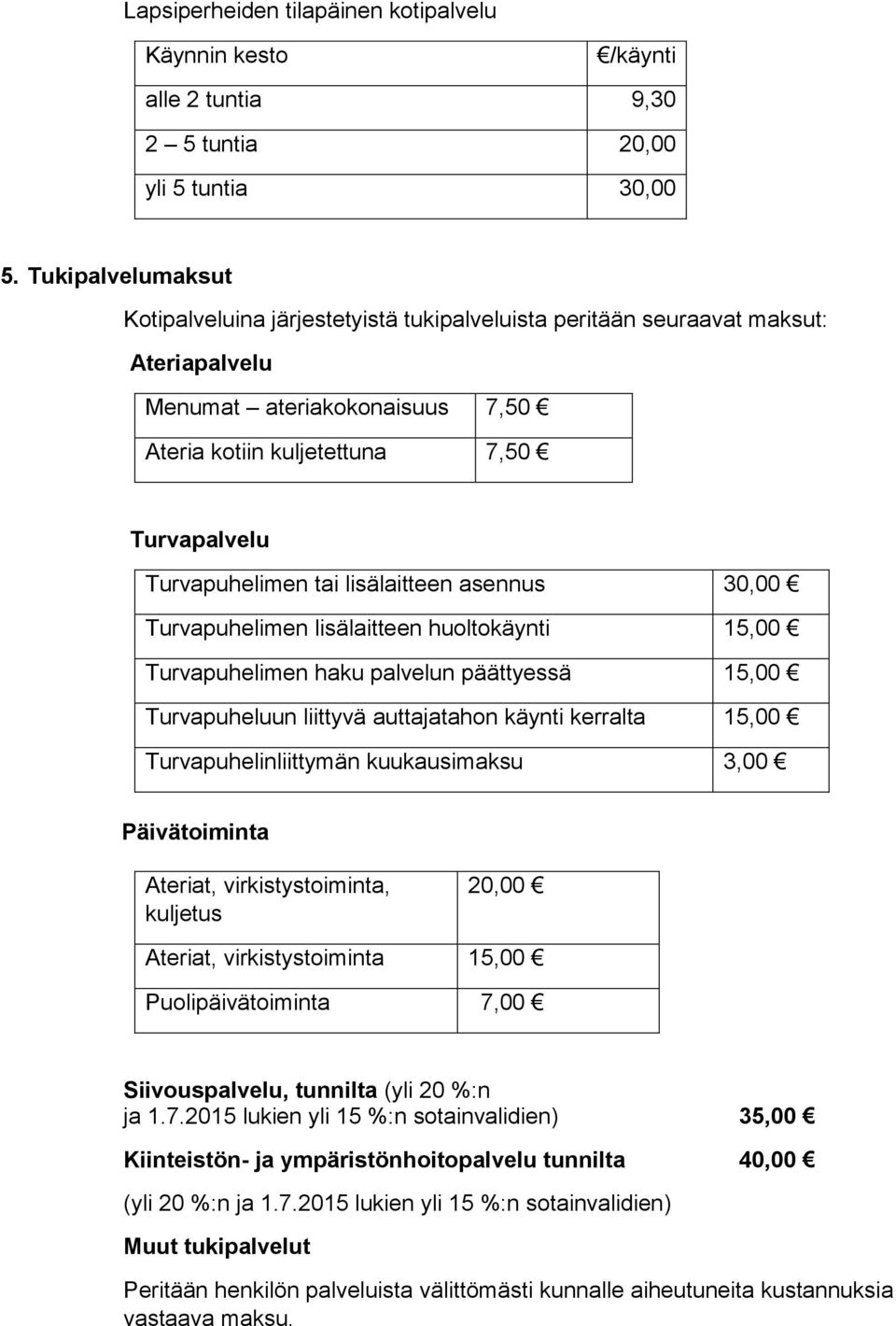 lisälaitteen asennus 30,00 Turvapuhelimen lisälaitteen huoltokäynti 15,00 Turvapuhelimen haku palvelun päättyessä 15,00 Turvapuheluun liittyvä auttajatahon käynti kerralta 15,00 Turvapuhelinliittymän