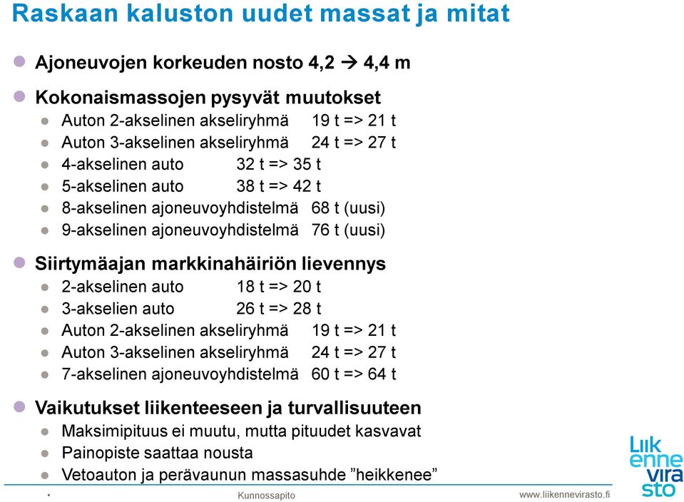 markkinahäiriön lievennys 2-akselinen auto 18 t => 20 t 3-akselien auto 26 t => 28 t Auton 2-akselinen akseliryhmä 19 t => 21 t Auton 3-akselinen akseliryhmä 24 t => 27 t 7-akselinen