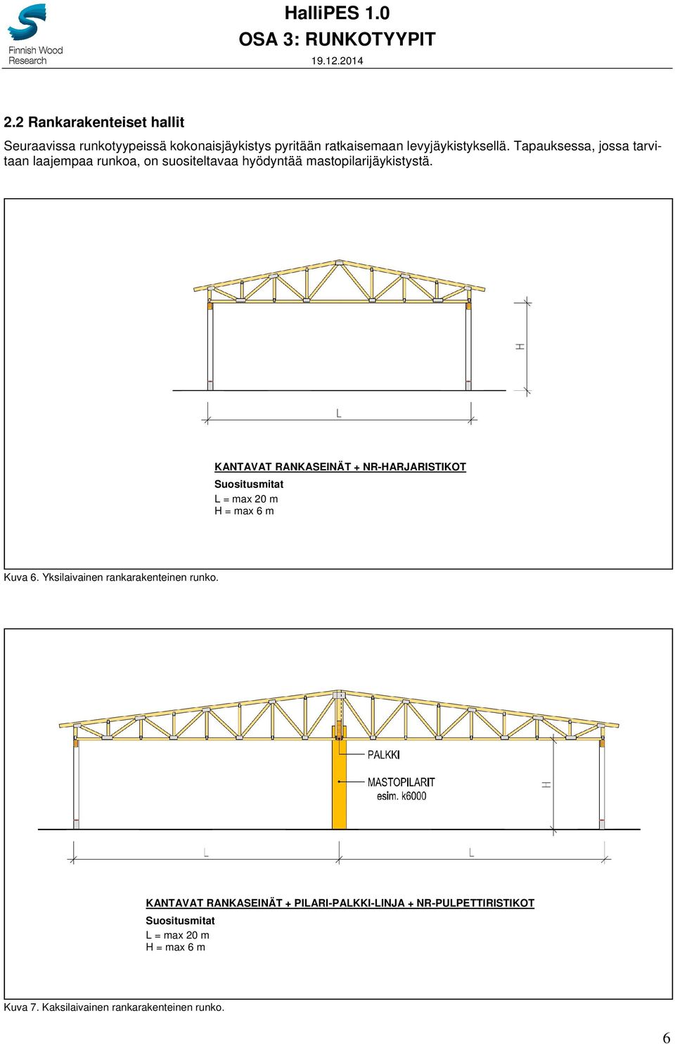 KANTAVAT RANKASEINÄT + NR-HARJARISTIKOT L = max 20 m H = max 6 m Kuva 6. Yksilaivainen rankarakenteinen runko.