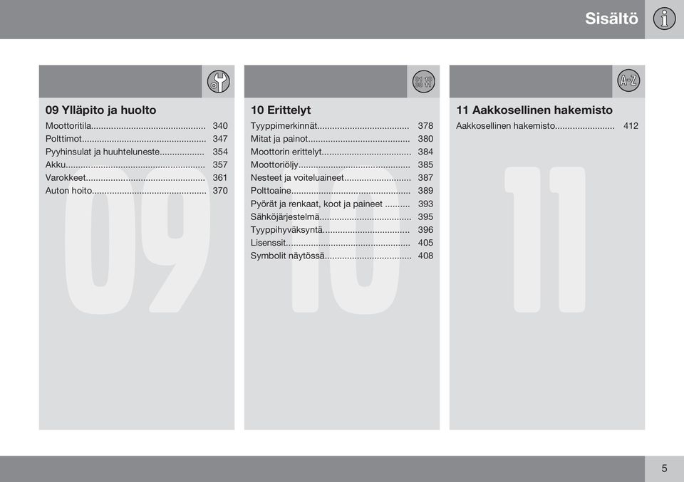 .. 380 11 Moottorin erittelyt... 384 Moottoriöljy... 385 Nesteet ja voiteluaineet... 387 Polttoaine.