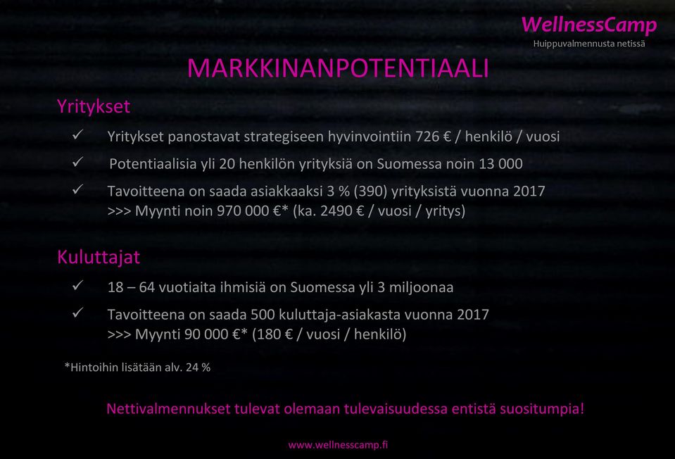 2490 / vuosi / yritys) Kuluttajat 18 64 vuotiaita ihmisiä on Suomessa yli 3 miljoonaa Tavoitteena on saada 500 kuluttaja-asiakasta vuonna