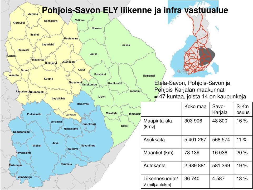 Savo- Karjala S-K:n osuus 303 906 48 800 16 % Asukkaita 5 401 267 568 574 11 % Maantiet