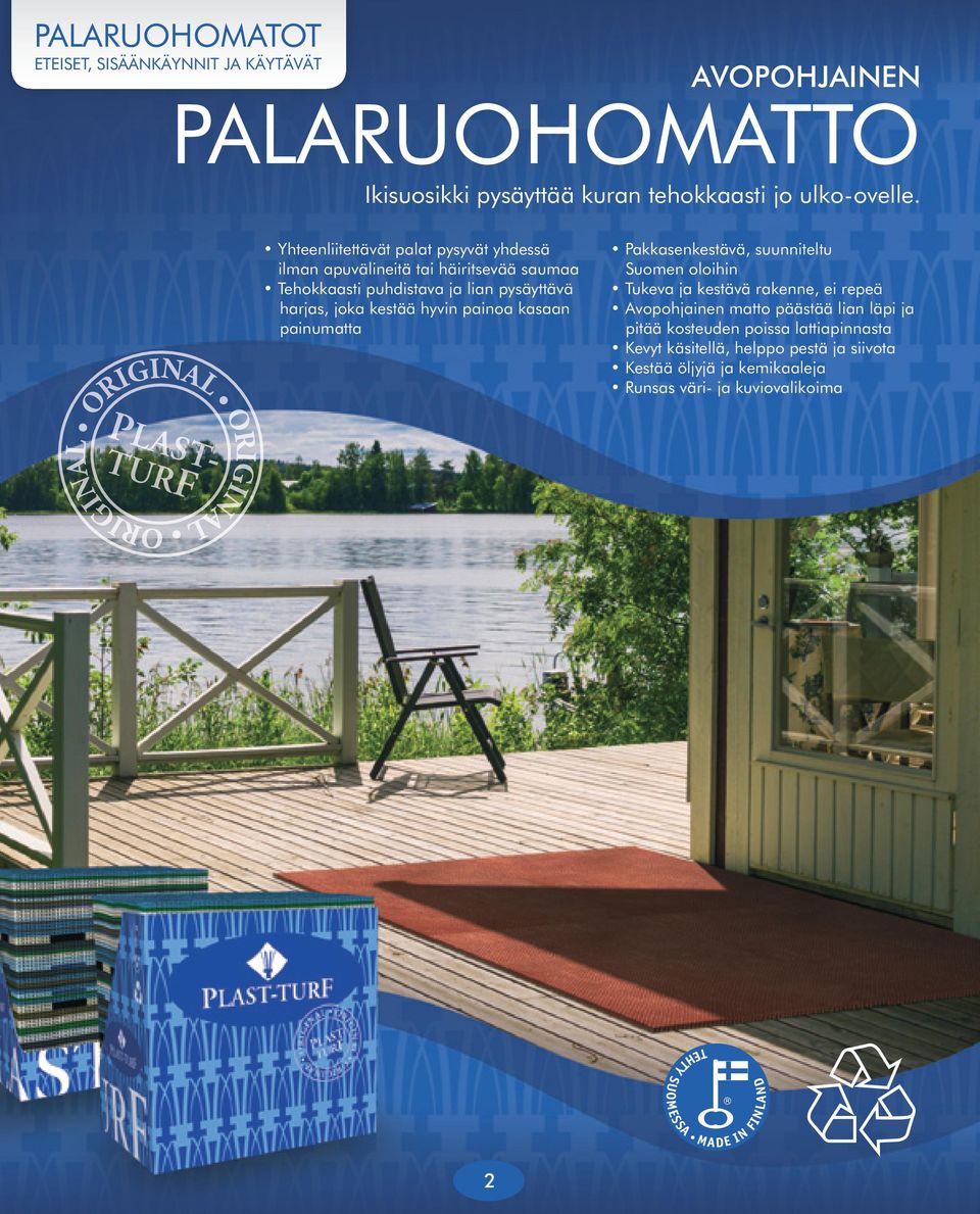 kestää hyvin painoa kasaan painumatta Pakkasenkestävä, suunniteltu Suomen oloihin Tukeva ja kestävä rakenne, ei repeä Avopohjainen matto