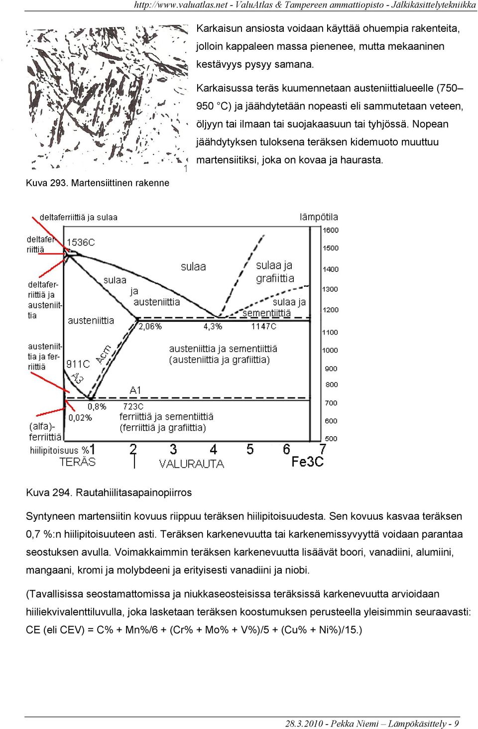Nopean jäähdytyksen tuloksena teräksen kidemuoto muuttuu martensiitiksi, joka on kovaa ja haurasta. Kuva 293. Martensiittinen rakenne Kuva 294.