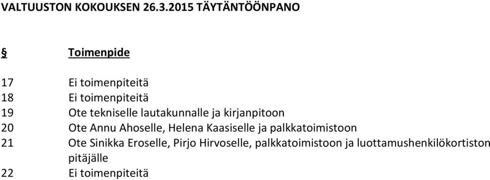tekniselle lautakunnalle ja kirjanpitoon 20 Ote Annu Ahoselle, Helena Kaasiselle
