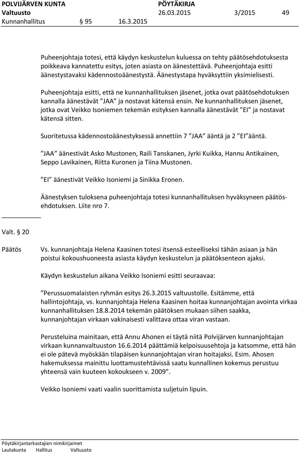 Puheenjohtaja esitti, että ne kunnanhallituksen jäsenet, jotka ovat päätösehdotuksen kannalla äänestävät JAA ja nostavat kätensä ensin.