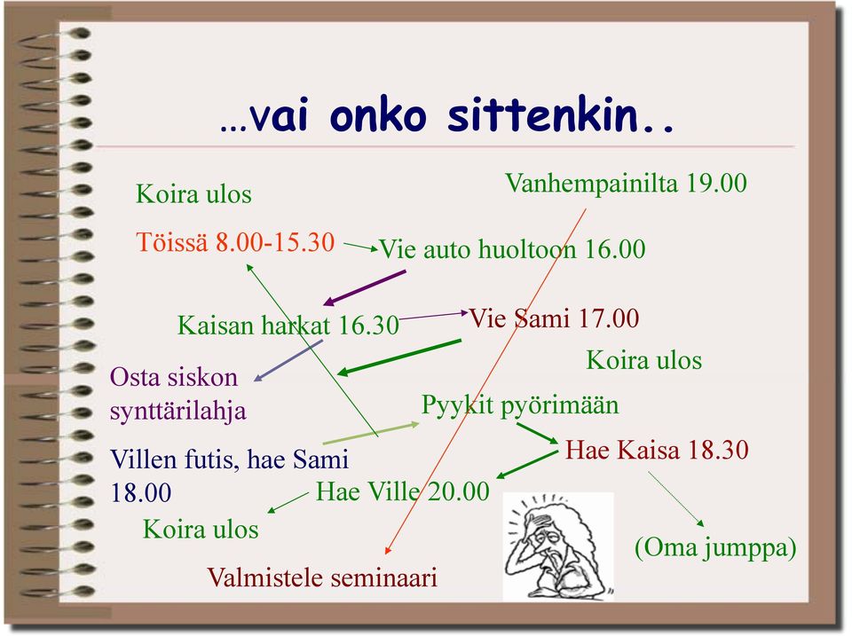 00 Osta siskon synttärilahja Villen futis, hae Sami 18.00 Hae Ville 20.