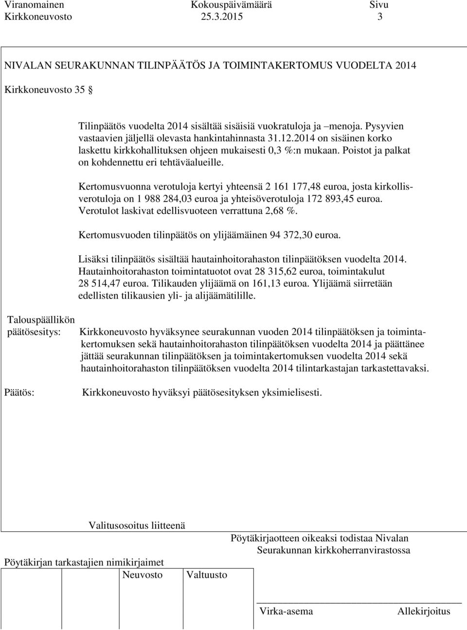 Kertomusvuonna verotuloja kertyi yhteensä 2 161 177,48 euroa, josta kirkollisverotuloja on 1 988 284,03 euroa ja yhteisöverotuloja 172 893,45 euroa.