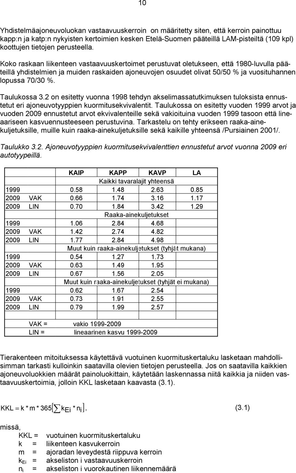 Koko raskaan liikenteen vastaavuuskertoimet perustuvat oletukseen, että 1980-luvulla pääteillä yhdistelmien ja muiden raskaiden ajoneuvojen osuudet olivat 50/50 % ja vuosituhannen lopussa 70/30 %.