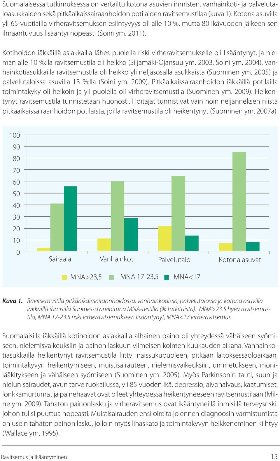 Kotihoidon iäkkäillä asiakkailla lähes puolella riski virheravitsemukselle oli lisääntynyt, ja hieman alle 10 %:lla ravitsemustila oli heikko (Siljamäki-Ojansuu ym. 2003, Soini ym. 2004).