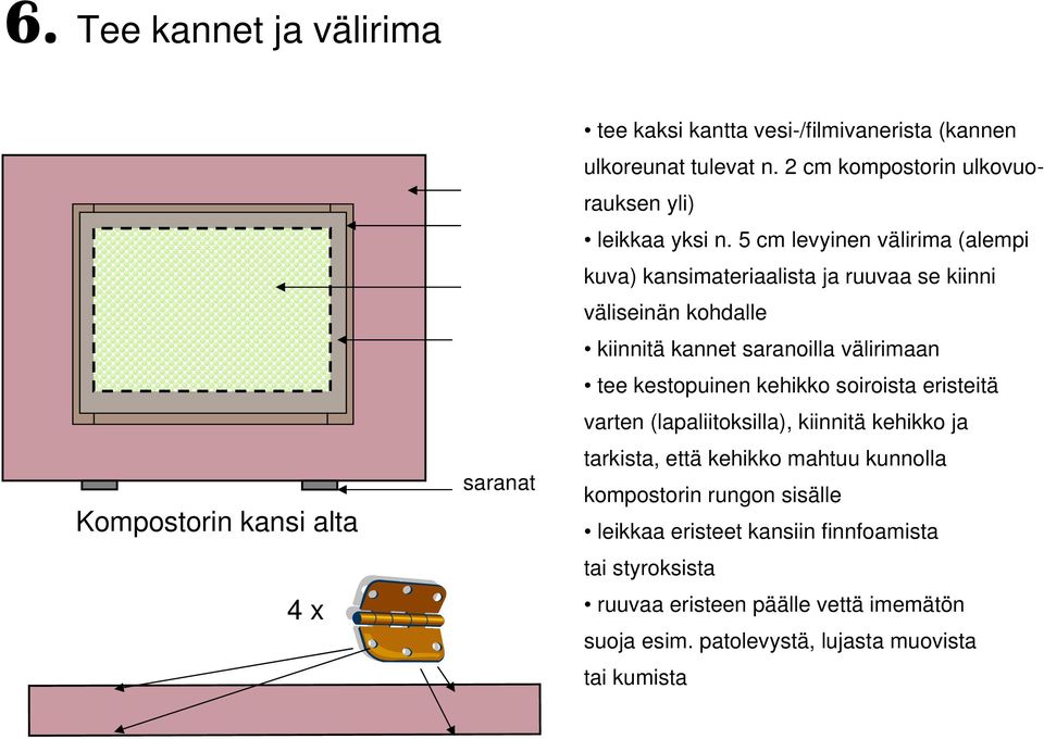 5 cm levyinen välirima (alempi kuva) kansimateriaalista ja ruuvaa se kiinni väliseinän kohdalle kiinnitä kannet saranoilla välirimaan tee kestopuinen