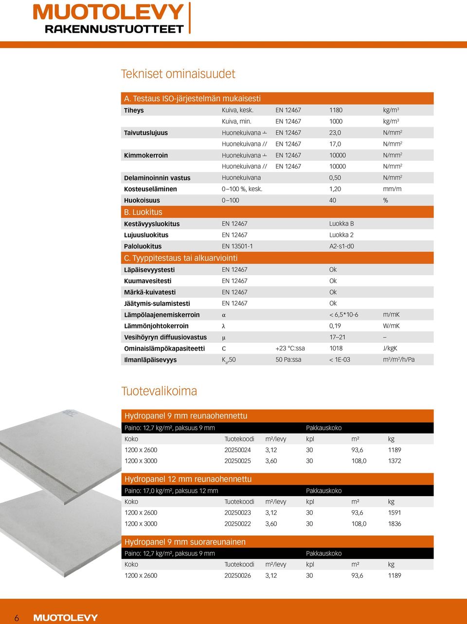 Delaminoinnin vastus Huonekuivana 0,50 N/mm 2 Kosteuseläminen 0 100 %, kesk. 1,20 mm/m Huokoisuus 0 100 40 % B.