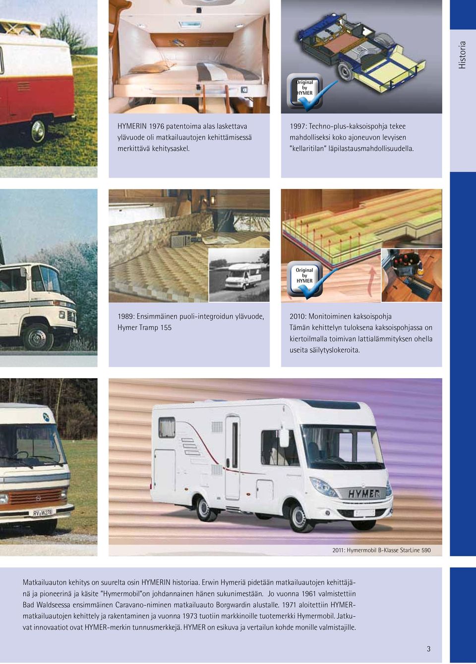 Original by HYMER 1989: Ensimmäinen puoli-integroidun ylävuode, Hymer Tramp 155 2010: Monitoiminen kaksoispohja Tämän kehittelyn tuloksena kaksoispohjassa on kiertoilmalla toimivan lattialämmityksen