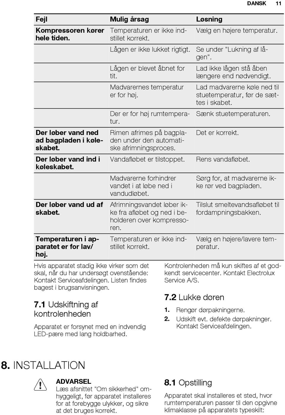 Madvarernes temperatur er for høj. Der er for høj rumtemperatur. Rimen afrimes på bagpladen under den automatiske afrimningsproces. Vandafløbet er tilstoppet.