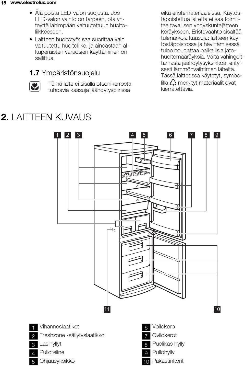 7 Ympäristönsuojelu Tämä laite ei sisällä otsonikerrosta tuhoavia kaasuja jäähdytyspiirissä eikä eristemateriaaleissa.