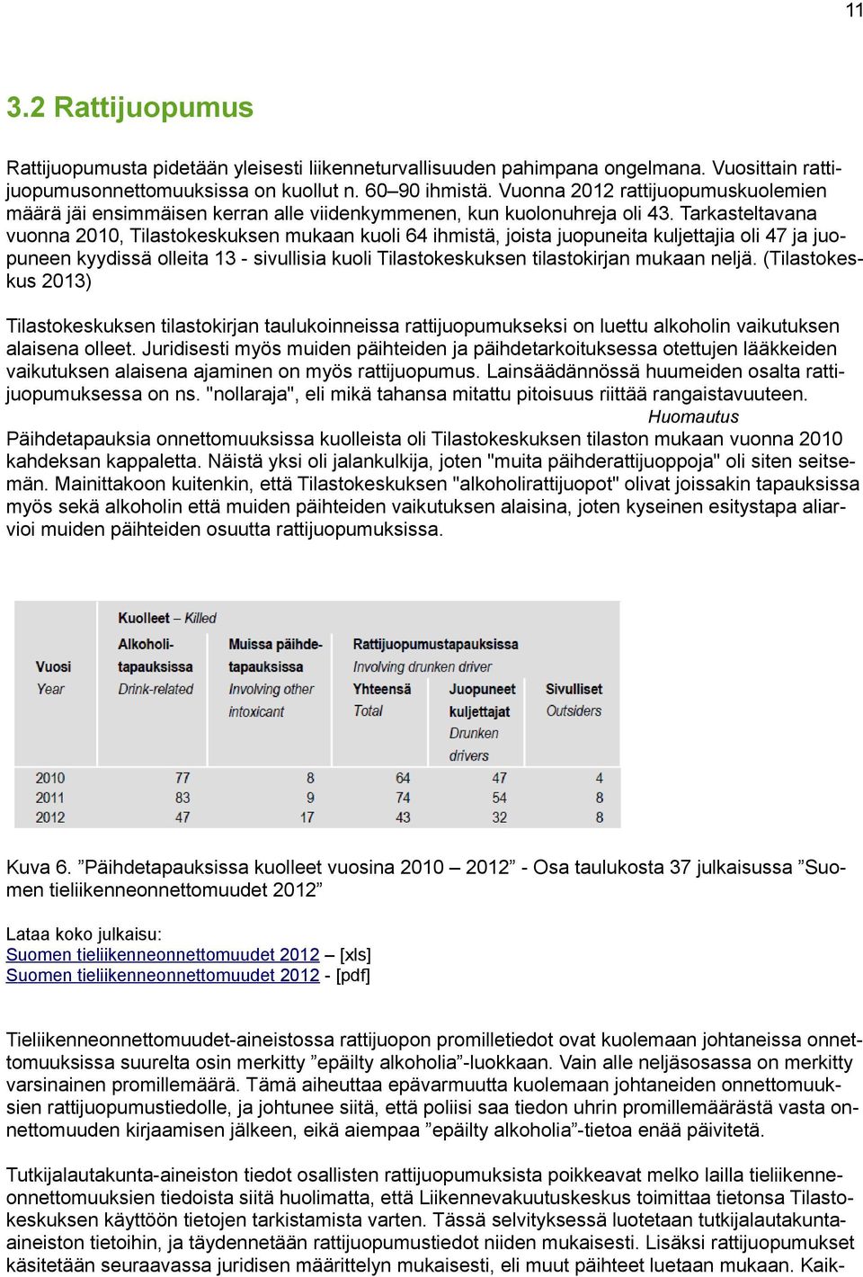 Tarkasteltavana vuonna 2010, Tilastokeskuksen mukaan kuoli 64 ihmistä, joista juopuneita kuljettajia oli 47 ja juopuneen kyydissä olleita 13 - sivullisia kuoli Tilastokeskuksen tilastokirjan mukaan