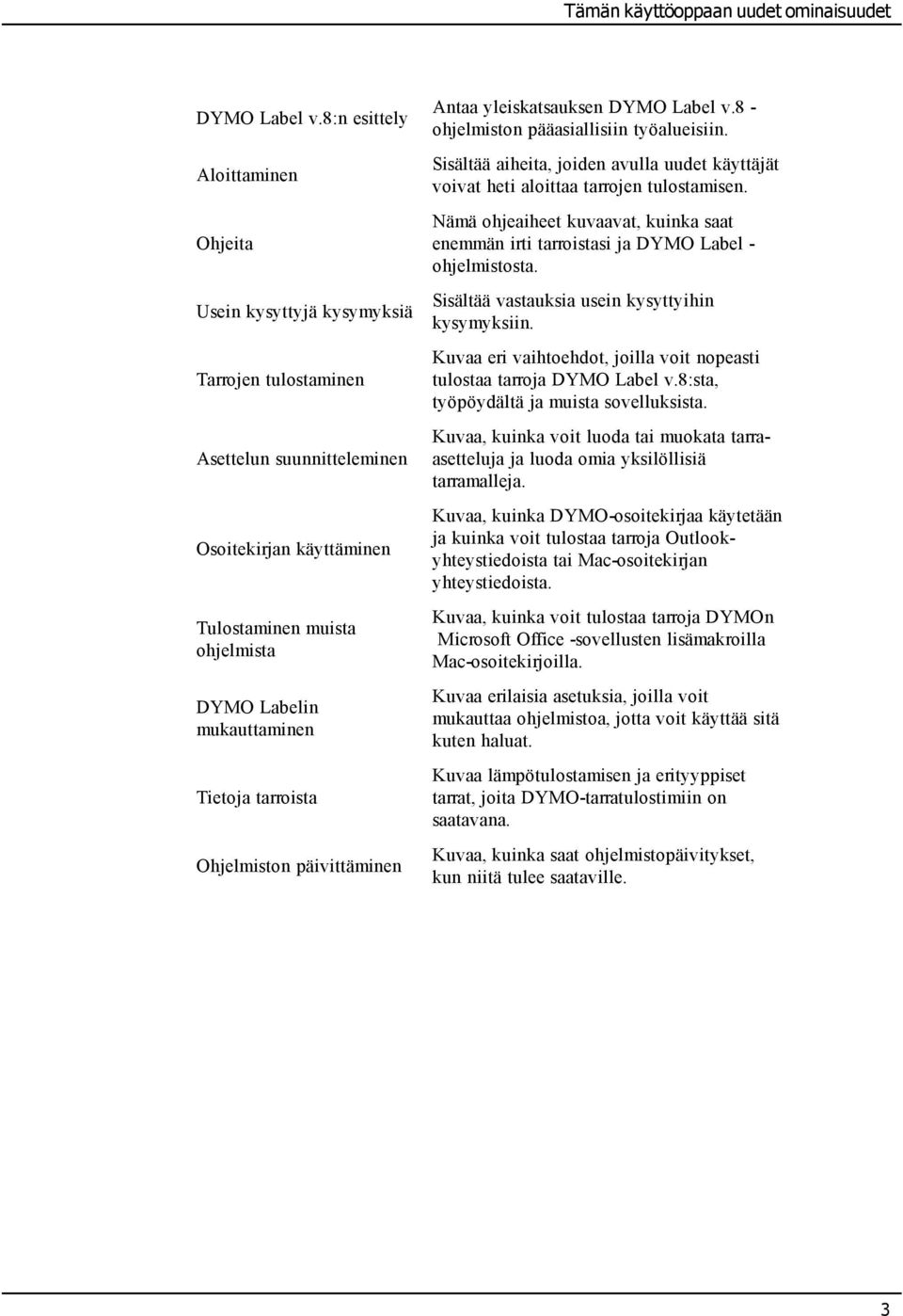 Tietoja tarroista Ohjelmiston päivittäminen Antaa yleiskatsauksen DYMO Label v.8 - ohjelmiston pääasiallisiin työalueisiin.