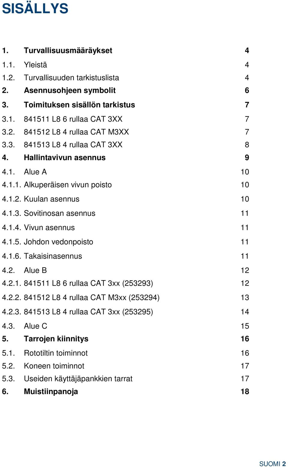 1.6. Takaisinasennus 11 4.2. Alue B 12 4.2.1. 841511 L8 6 rullaa CAT 3xx (253293) 12 4.2.2. 841512 L8 4 rullaa CAT M3xx (253294) 13 4.2.3. 841513 L8 4 rullaa CAT 3xx (253295) 14 4.3. Alue C 15 5.